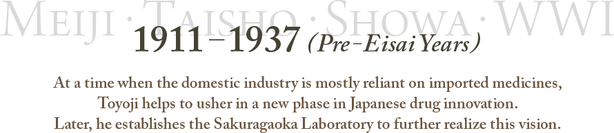 1911–1937 (Pre-Eisai Years) Meiji・Taisho・Showa・WWI At a time when the domestic industry is mostly reliant on imported medicines,Toyoji helps to usher in a new phase in Japanese drug innovation.Later, he establishes the Sakuragaoka Laboratory to further realize this vision.