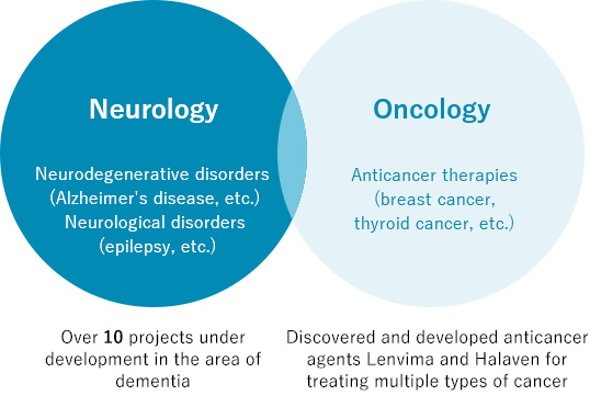 Neurology:Neurodegenerative disorders (Alzheimer's disease, etc.)Neurological disorders (epilepsy, etc.)
Over 10 projects under development in the area of dementia Oncology:Anticancer therapies (breast cancer, thyroid cancer, etc.) Discovered and developed anticancer agents Lenvima and Halaven for treating multiple types of cancer