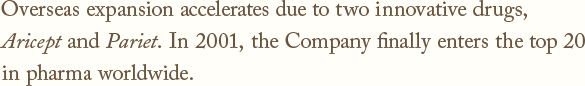 Overseas expansion accelerates due to two innovative drugs, Aricept and Pariet.In 2001, the Company finally enters the top 20 in pharma worldwide.