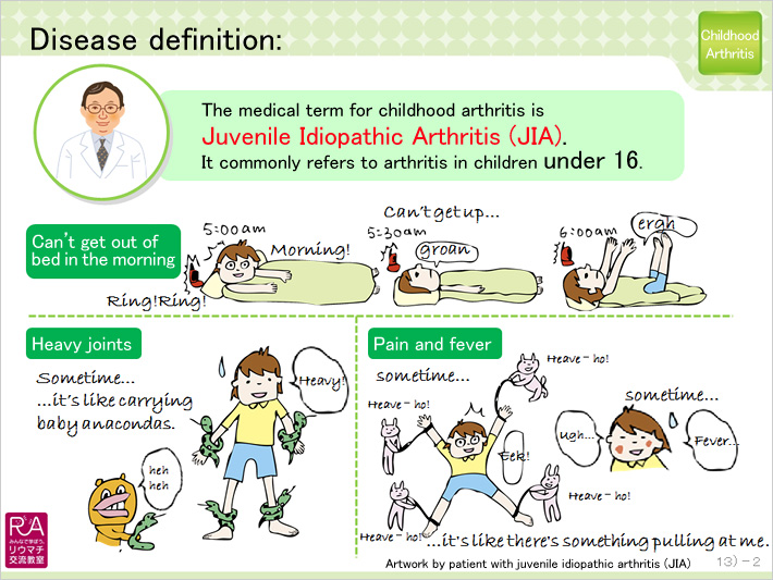 Disease definition: The medical term for childhood arthritis is Juvenile Idiopathic Arthritis (JIA). It commonly refers to arthritis in children under 16. Can't get out of bed in the morning Heavy joints Pain and fever