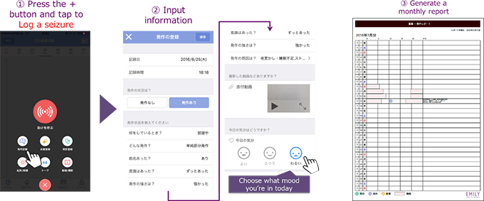 Screen image (Logging of medicine administration and seizures, report generation)